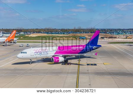 London Luton, England. Pril 2019. A View Of A Wizz Air Plane At Luton Airport In The Uk