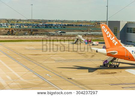London Luton, England. April 2019. A View Of An Easyjet Plane At Luton Airport In The Uk