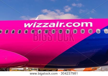 London Luton, England. April 2019. A View Of A Wizz Air Plane At Luton Airport In The Uk
