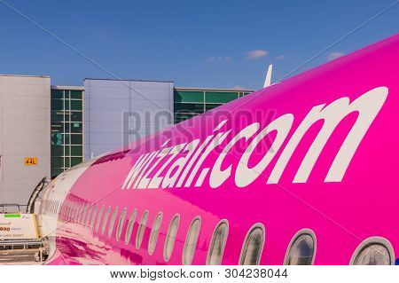London Luton, England. April 2019. A View Of A Wizz Air Plane At Luton Airport In The Uk