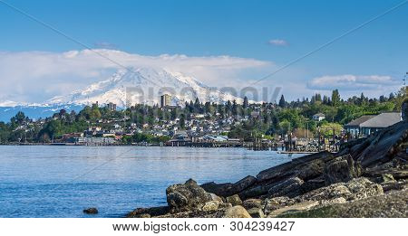 A View Of Mount Rainier And The Ruston Shoreline.