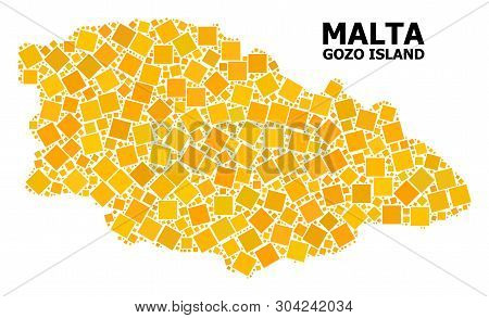 Gold Square Mosaic Vector Map Of Gozo Island. Abstract Mosaic Geographic Map Of Gozo Island Is Desig
