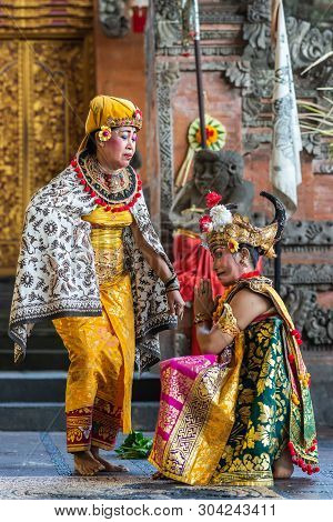 Banjar Gelulung, Bali, Indonesia - February 26, 2019: Mas Village. Play On Stage Setting. Closeup Of
