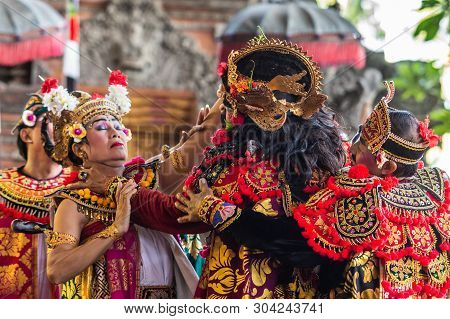 Banjar Gelulung, Bali, Indonesia - February 26, 2019: Mas Village. Play On Stage Setting. Closeup Of