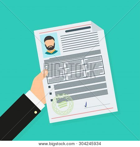 Hand Holding Paper Resume In A Flat Style