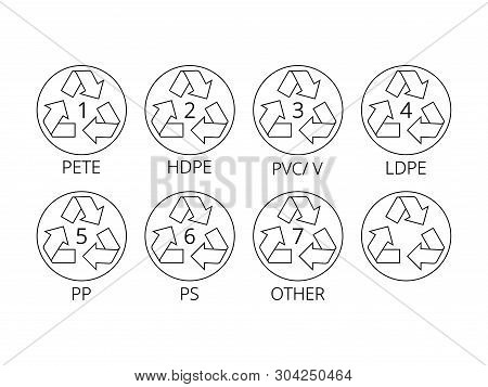 Recycling Symbols For Plastic. Flat Icons, Signs For Design Packaging.