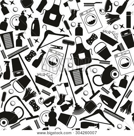 Cleaning Background Illustration. Seamless Pattern Of Icons Cleaning.