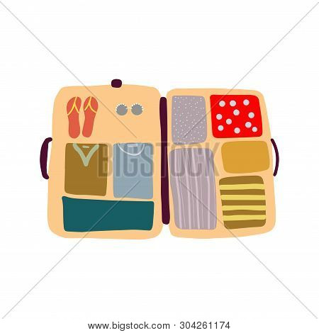 Vector Illustration Top View Luggage. Flat Lay Concept. Open Packed Suitcase. Advertising, Poster, B