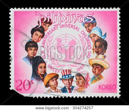 ZAGREB, CROATIA - JULY 03, 2014: A stamp printed in Philippines, shows Children of the world, 15th Anniversary Of Universal Children's Day, circa 1969.