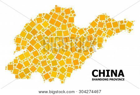 Gold Square Mosaic Vector Map Of Shandong Province. Abstract Composition Geographic Map Of Shandong 