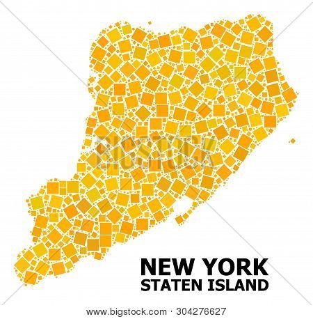 Gold Square Mosaic Vector Map Of Staten Island. Abstract Mosaic Geographic Map Of Staten Island Is O