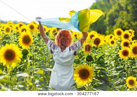 Woman With Yellow-blue Flag Of Ukraine. Girl In Embroidery Runs Along Field Of Heresies. Fun On Inde