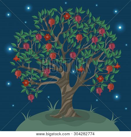 Postcard With A Ganat Tree Against The Night Sky. Vector Image