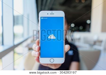 Chiang Mai, Thailand - Feb 22,2018: Woman Holding Apple Iphone 6s Rose Gold With Icloud On Screen. I