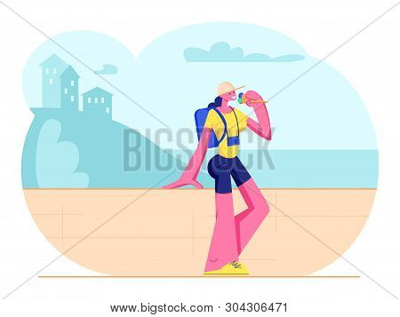 Tourist Girl With Photo Camera And Backpack Stand At Parapet Eating Ice Cream In Hot Weather Enjoyin
