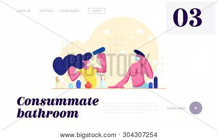 Every Day Routine, Hygiene. Loving Couple Morning Procedure. Girl Drying Hair With Fan, Man Shaving 