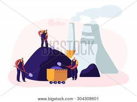 Coal Mining. Miner Characters Work On Quarry With Tools, Transport And Technique Loading Coal Into T