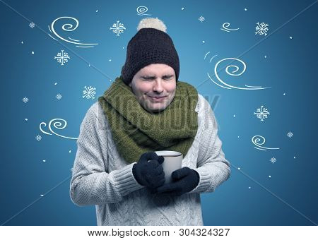 Young hipster frozen boy with doodled snowflakes and windy concept
