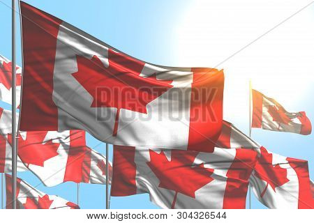 Cute Many Canada Flags Are Wave On Blue Sky Background - Any Celebration Flag 3d Illustration