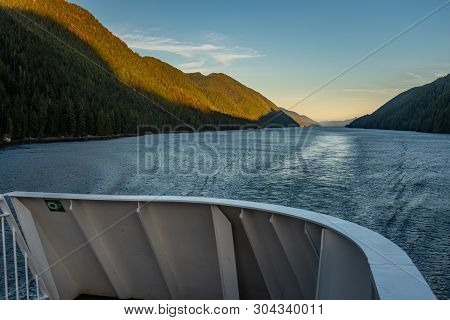The View At A Beautiful  From The Back Of A Ferry As It Makes Its Way Through The Inside Passage Off