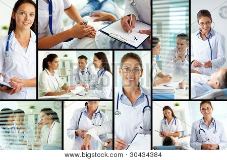 Collage av medicinsk personal arbetar med patienten, fylla tomrummen och utföra provningen