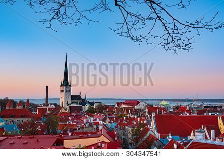 Beautiful View To The Old Rown Of Tallinn From The City Wall At Sunset