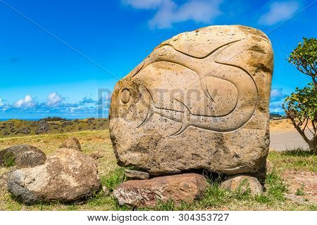 Petroglyph At Orongo Near Rano Kau Volcano On Easter Island Or Rapa Nui In Chile