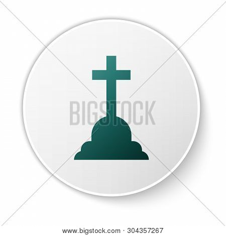 Green Tombstone With Cross Icon Isolated On White Background. Grave Icon. Green Circle Button. Vecto