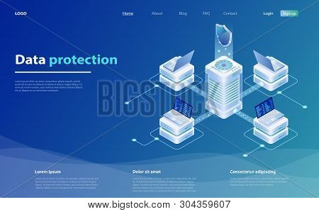 Data Protection Vector Illustration With Laptop And Shield. Safety And Confidential Data Protection.