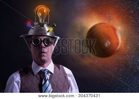 Funny Scientist Looking To Universe And Planet Mars