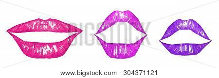Pink Watercolor Lips On White Background. Hand Made Illustration. Half-open Lips