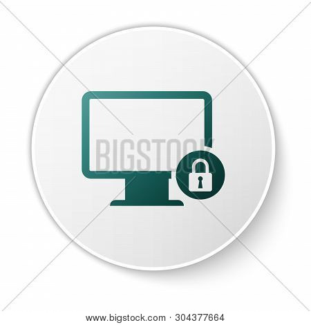 Green Lock On Computer Monitor Screen Icon Isolated On White Background. Monitor And Padlock. Securi