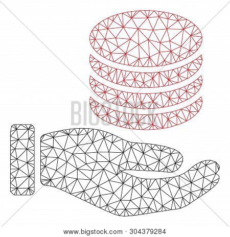 Mesh Coins Donation Hand Polygonal Icon Vector Illustration. Carcass Model Is Based On Coins Donatio