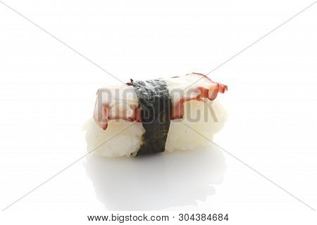 Octopus Sushi Isolated With Chopsticks In White Background