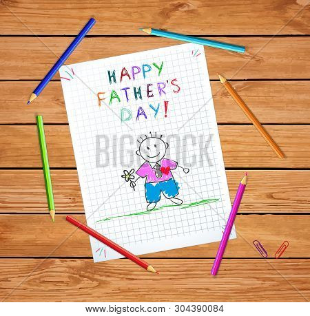 Happy Father Day Baby Hand Drawn Illustration Of Dad Holding Flower On Checked Paper Sheet Or Graphi