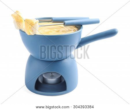 Pot Of Delicious Cheese Fondue And Fork With Bread On White Background