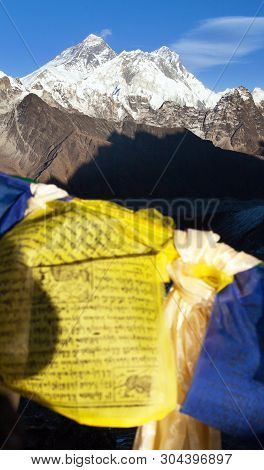 View Of Mount Everest And Lhotse With Buddhist Prayer Flags From Renjo La Pass, Sagarmatha National 