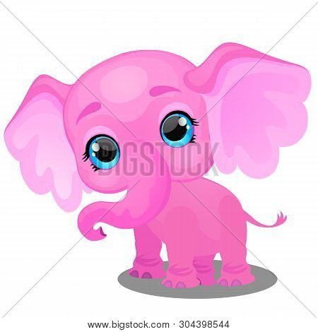 Little Animated Elephant Isolated On White Background. Sample Of Poster, Party Holiday Invitation, F