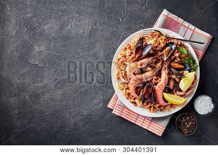 Traditional Spanish Fideua, A Noodle Paella With Seafood - King Prawns, White Fish Meat, Calamari, M