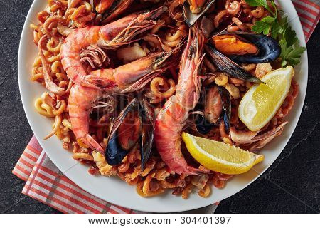 Traditional Spanish Fideua, A Noodle Paella With Seafood - King Prawns, White Fish Meat, Calamari, M