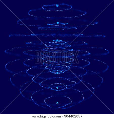 Abstract Blue 3D Sphere Made Of Points. Futuristic Technology Style. Sphere Particles. Plexus Effect