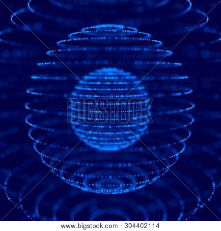 Abstract Blue 3D Sphere Made Of Points. Futuristic Technology Style. Sphere Particles. Plexus Effect