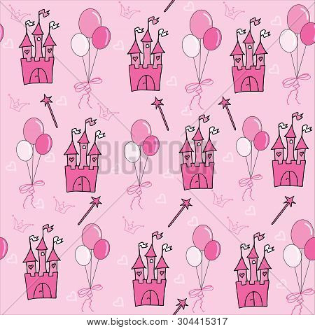 Little Princess Seamless Pattern In Pink With Baloons.