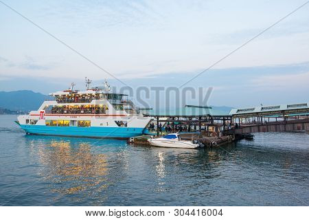 Hiroshima Japan - November 11, 2018 :ferries Boat Crossing The Inland Sea Between Miyajimaguchi And 