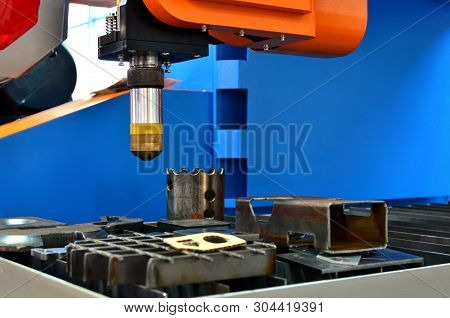 Cnc Laser Cutting Of Metal, Modern Industrial Technology,  close-up. Shooting In Real Conditions, A