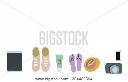 Vector Illustration Top View Luggage. Flat Lay Concept. Open Packed Suitcase. Advertising, Poster, B