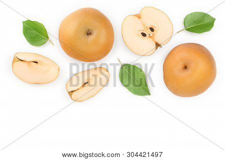 Fresh Asian Pear With Leaves Isolated On White Background With Copy Space For Your Text. Top View. F