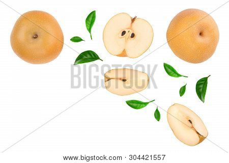 Fresh Asian Pear With Leaves Isolated On White Background With Copy Space For Your Text. Top View. F