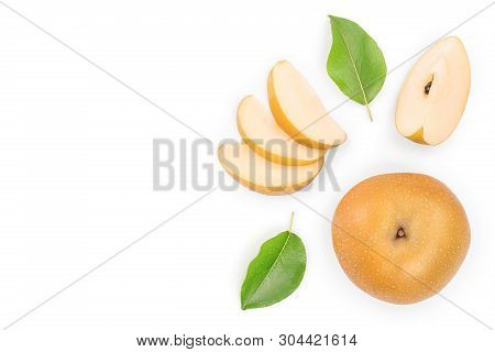 Fresh Asian Pear With Leaves Isolated On White Background With Copy Space For Your Text. Top View. F