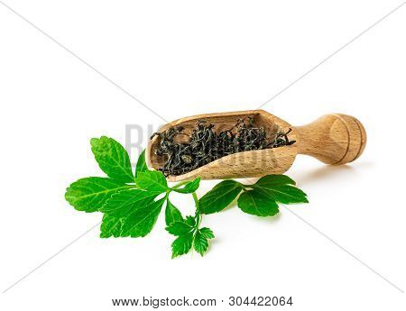 Jiaogulan Miracle Grass Leaf Chinese Herb Tea In Spoon On White